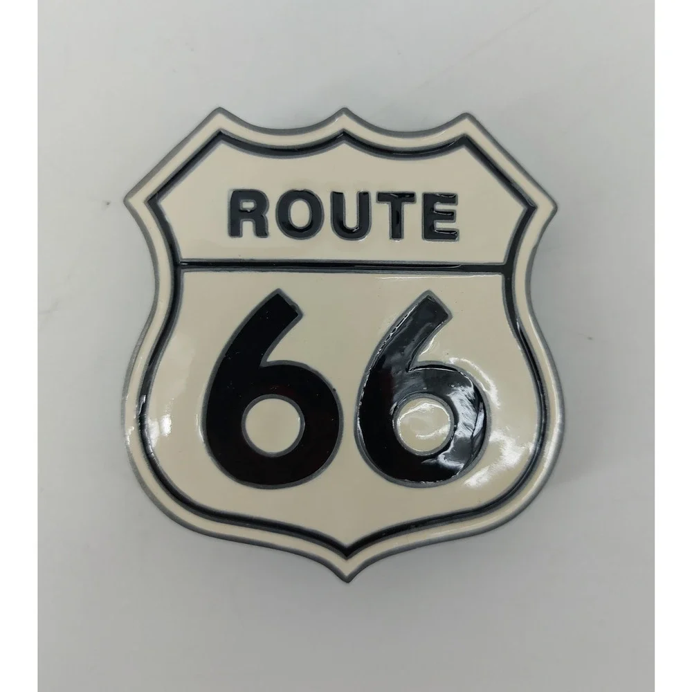 Route 66 Belt Buckle National Historic Trail Highway Metal Festival Enamel White